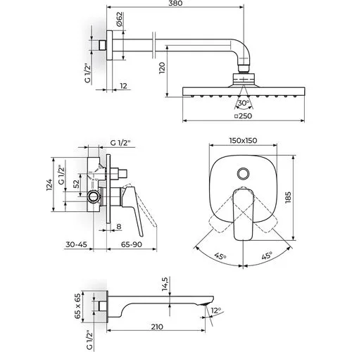 Rosan Stolz Uzidna baterija sa izlivom i zidnim tušem 250*250mm 131303