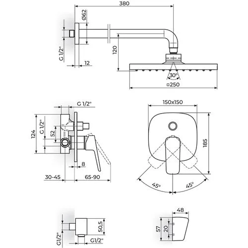 Rosan Stolz Uzidna baterija sa ,zidnim tušem 250*250mm i ručnim tušem 131605
