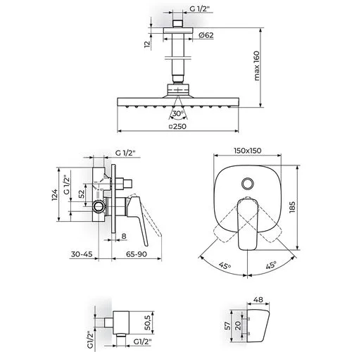 Rosan Stolz Uzidna baterija sa plafonskim tušem 250*250mm i ručnim tušem 131607