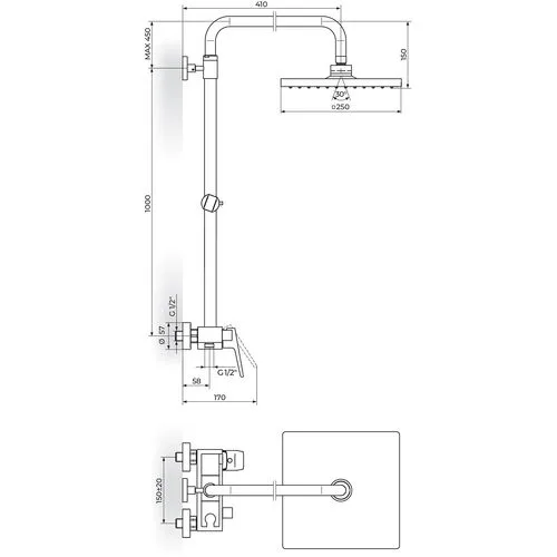 Rosan Stolz-Black baterija za tuš kadu sa usponskim tušem 250*250mm 137252B