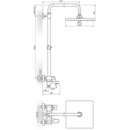 Rosan Stolz-White baterija za tuš kadu sa kvadratnim usponskim tušem 250*250mm i izlivom 137352W