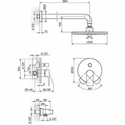 Rosan S.2 Black Uzidna baterija sa plafonskim tušem 210*210mm i ručnim tušem 231603B