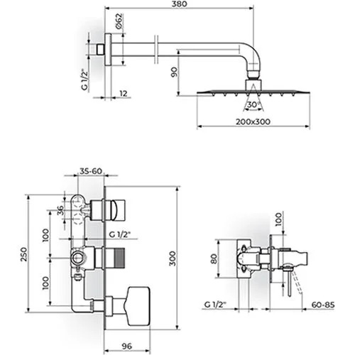 Rosan S.2 Black Uzidna baterija sa zidnim tušem 210*210mm i ručnim tušem 231605B