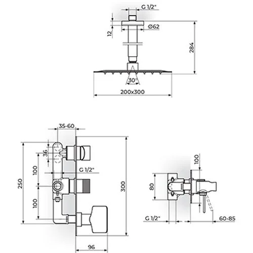 Rosan S.2 Black Uzidna baterija sa plafonskim tušem 210*210mm i ručnim tušem 231607B