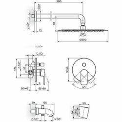 Rosan S.2 Uzidna baterija sa izlivom, zidnim tušem D.300mm i ručnim tušem 231701