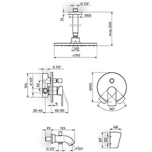 Rosan S.2 Black Uzidna baterija sa izlivom plafonskim tušem 210*210mm i ručnim tušem 231703B