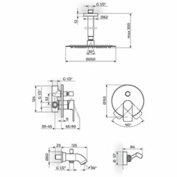 Rosan S.2 Gold Uzidna baterija sa izlivom, plafonskim tušem D.250mm i ručnim tušem 231703G