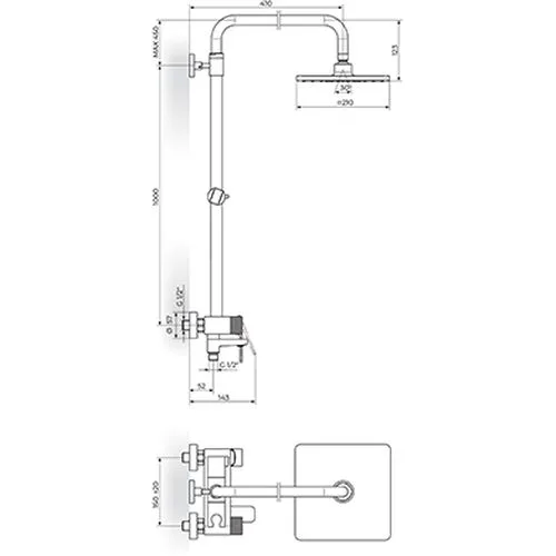Rosan S.2 Black baterija za tuš kadu sa usponskim tušem 210*210mm i izlivom 237351B