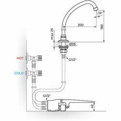 Rosan Public+ Stojeći ventil za TOPLU/HLADNU vodu - pokr.izliv 200 mm - dve pedale A75412MN2