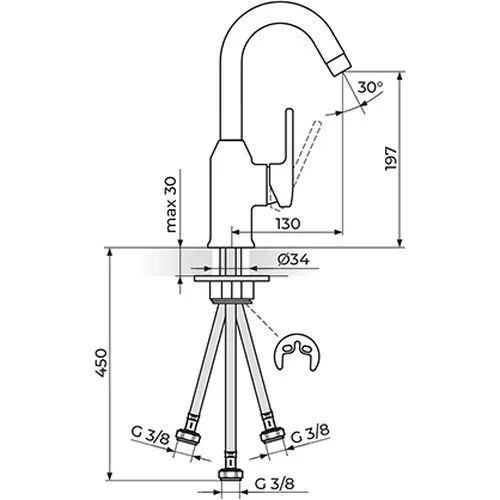 Rosan B2 baterija za lavabo, za električni prelivni bojler, izliv 130mm JB30303