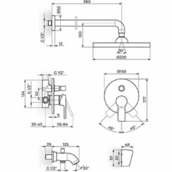 Rosan B2 Uzidna baterija sa izlivom, zidnim tušem D.220mm i ručnim tušem JB31701