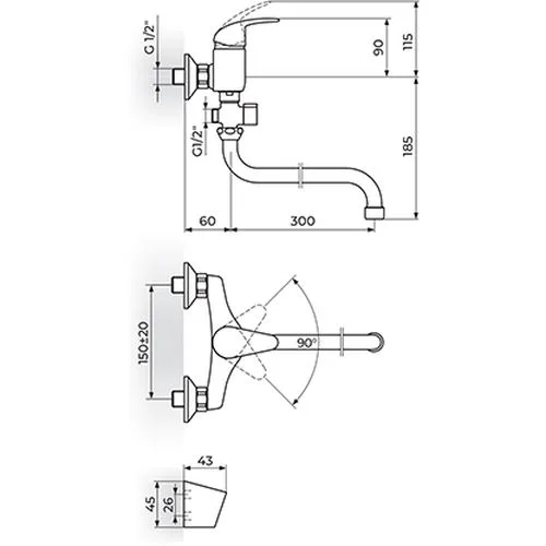 Rosan Perla baterija za kadu-lavabo - švedska - cevni izliv 300 mm JP341002