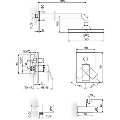 Rosan Quadro Uzidna baterija sa zidnim tušem D.220mm i ručnim tušem JQ31601