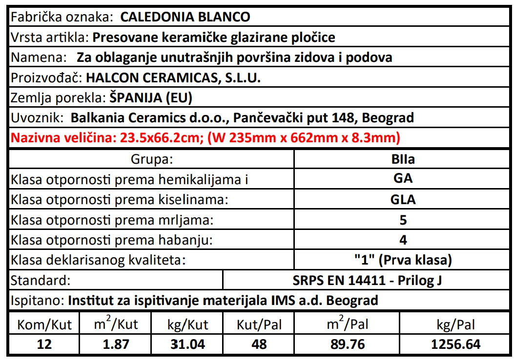 Caledonia Blanco 23.5x66.2cm